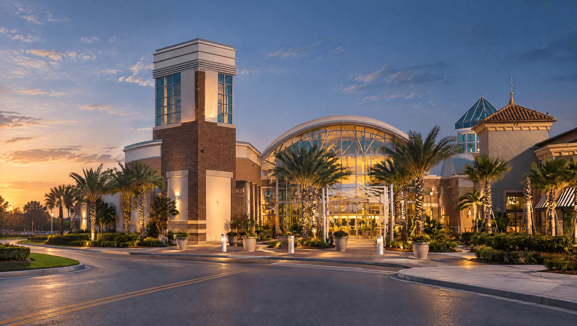 Photo illustration of the palm-lined entrance at Brandon Town Center.