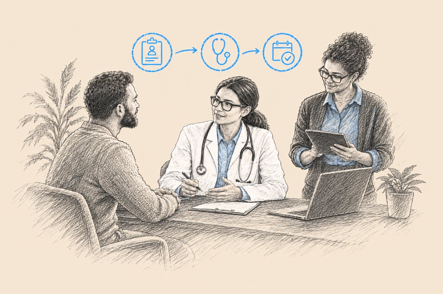 Pencil illustration: a clinician, a patient and a care coordinator working through a coordinated care workflow
