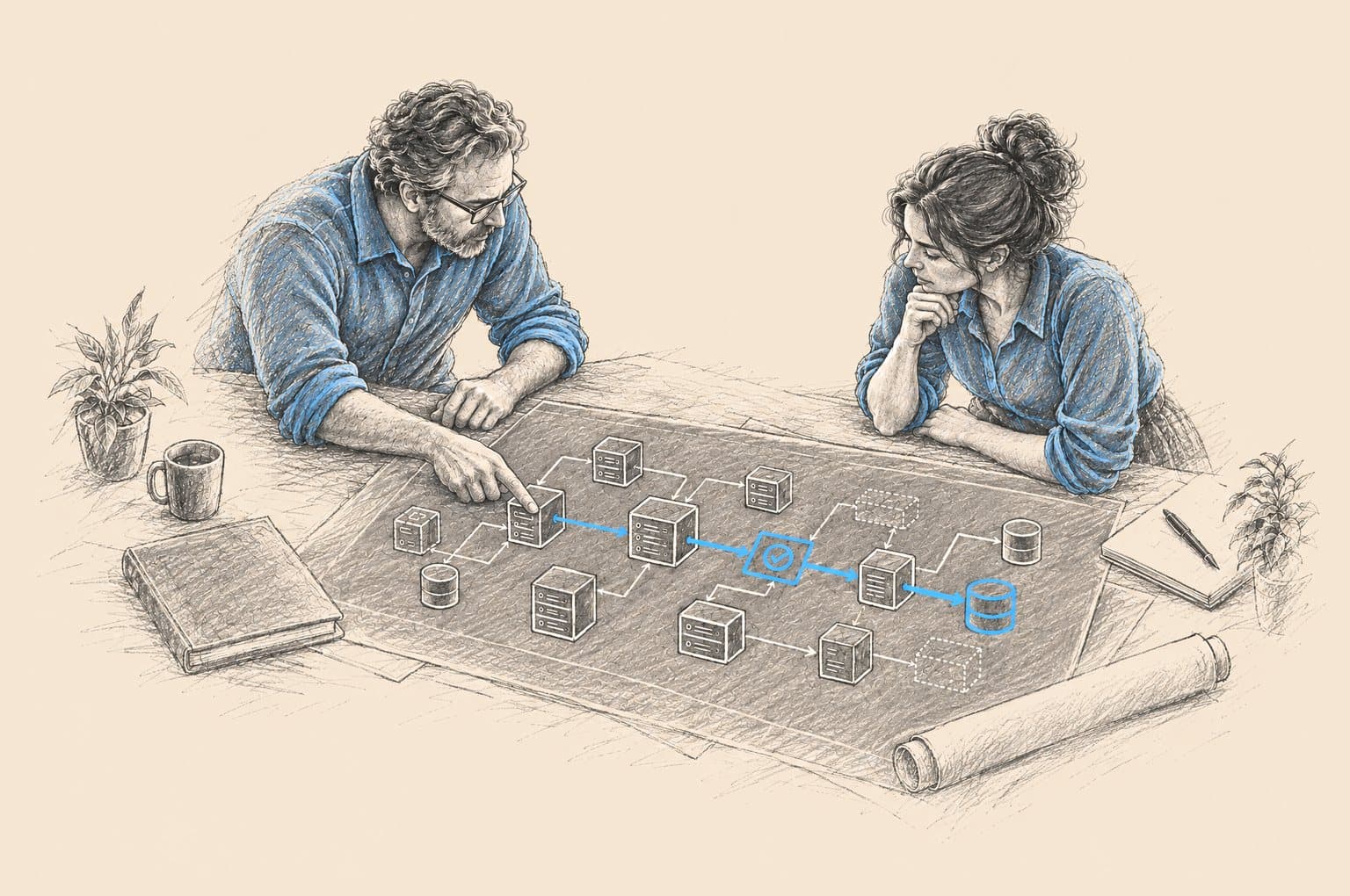 Pencil illustration: two colleagues tracing connections through a running system's diagram