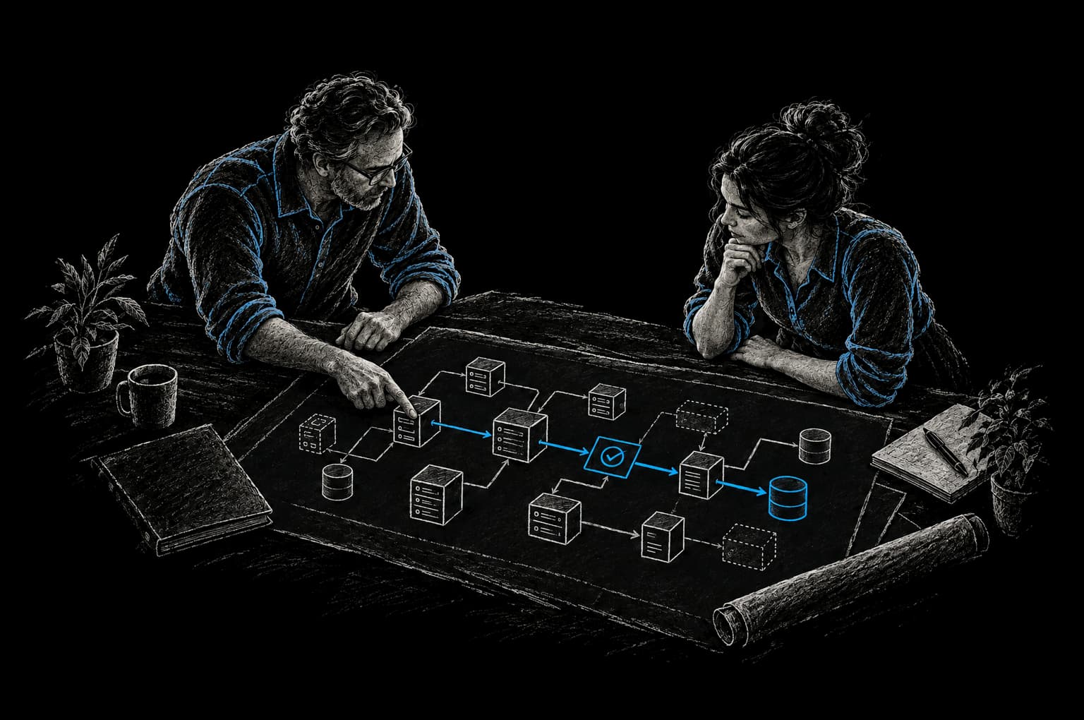 Chalkboard illustration: two colleagues tracing a path through a diagram of inherited services and databases