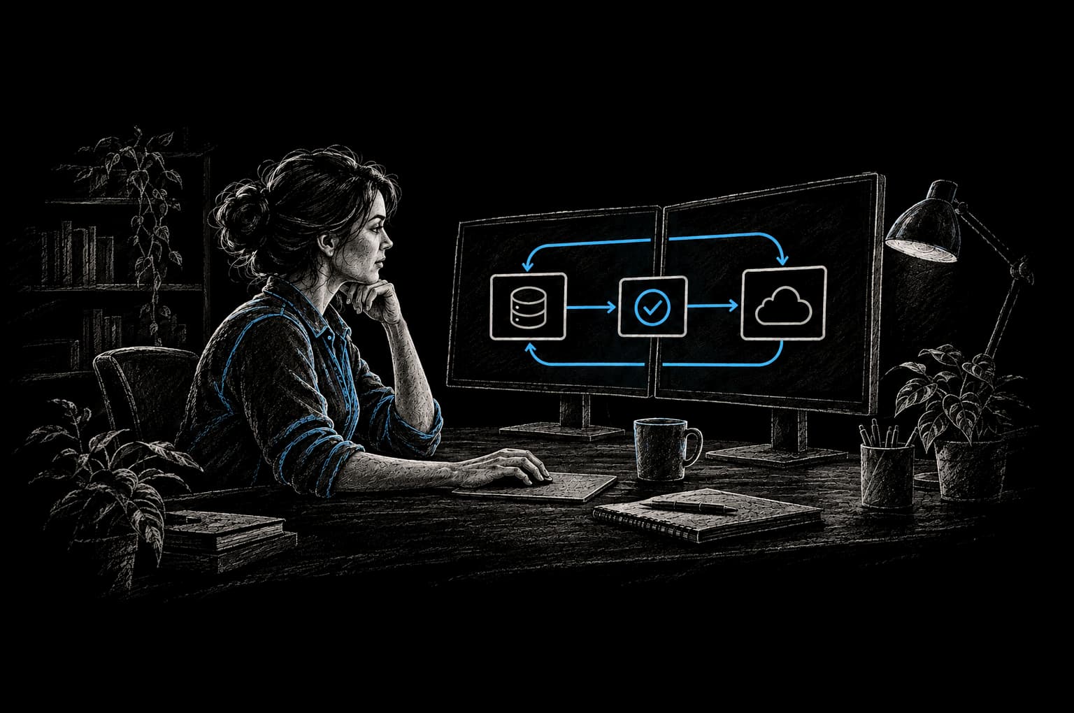 Chalkboard illustration: an operator at a two-screen desk watching a continuous data, check and cloud loop