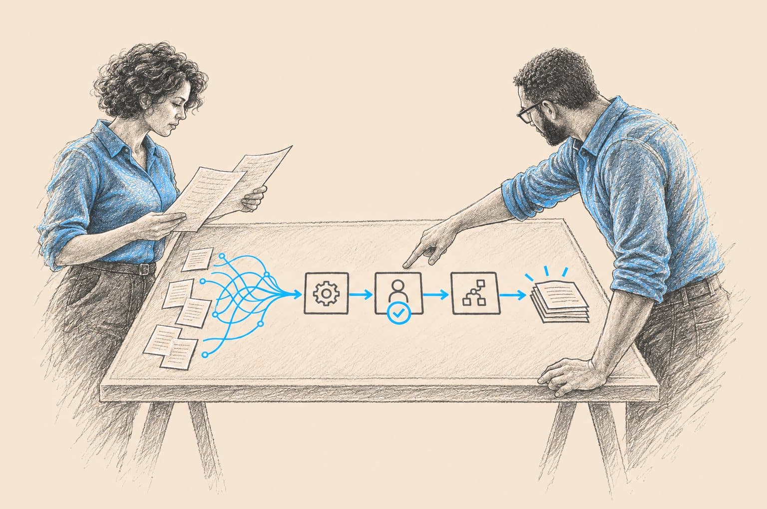 Pencil illustration: two colleagues turning scattered documents into one connected workflow