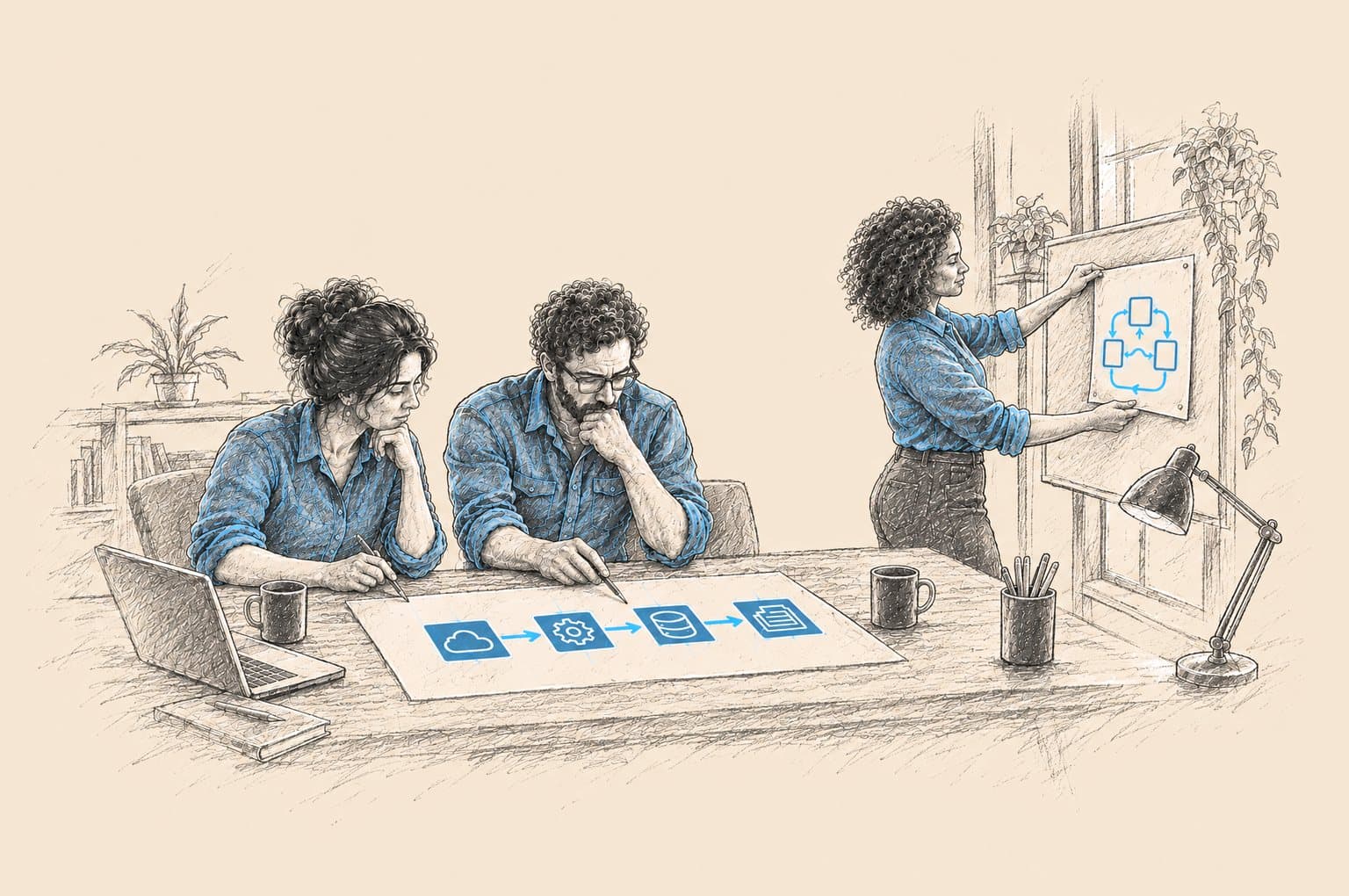 Pencil illustration: three colleagues in a studio, two reviewing a printed plan while the third pins a sketch by the window