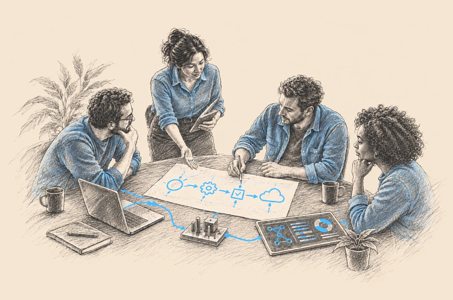 Pencil illustration of colleagues working together around a shared workflow diagram