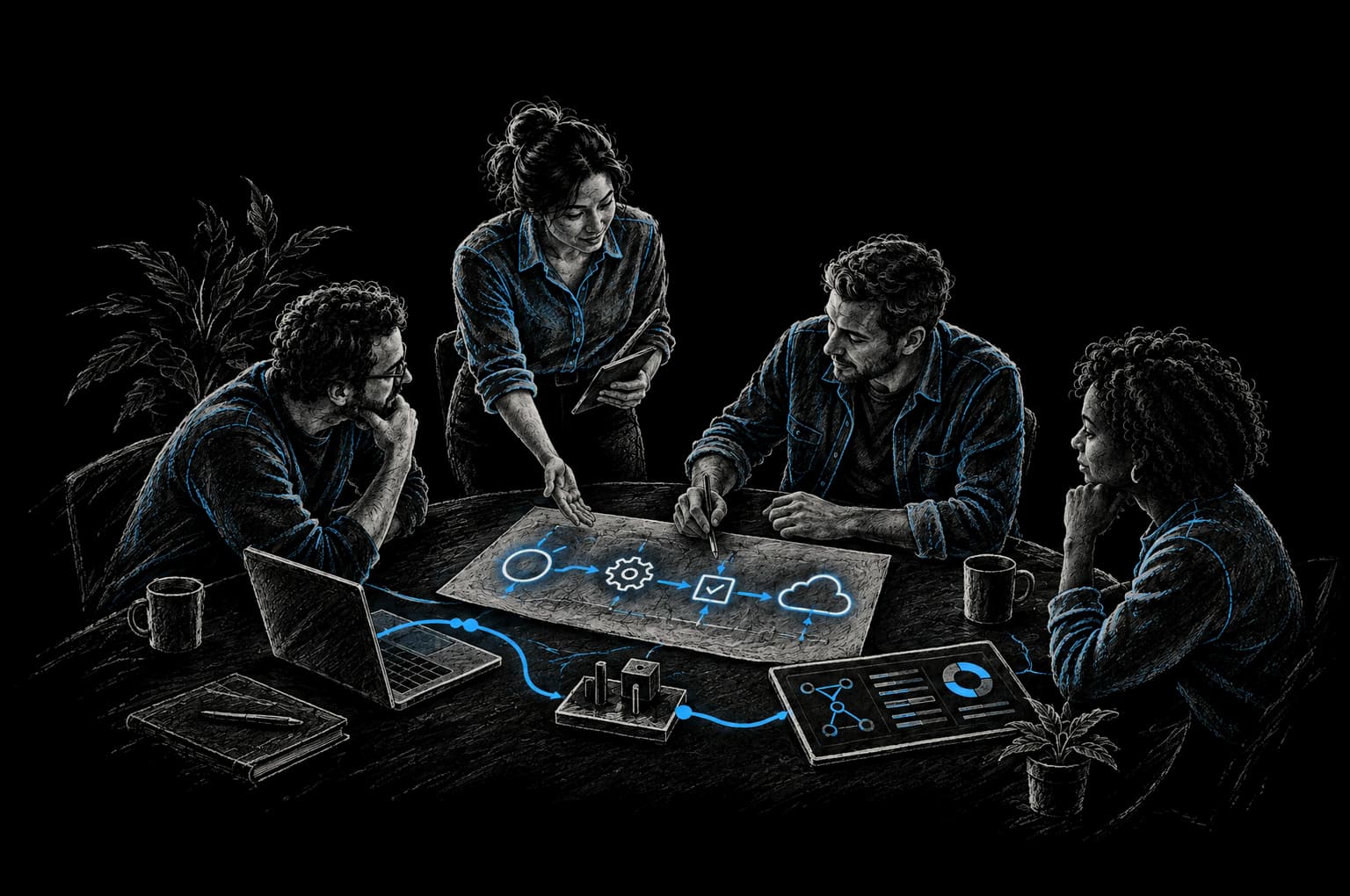 Chalk illustration: four colleagues around one table, working through a shared workflow diagram