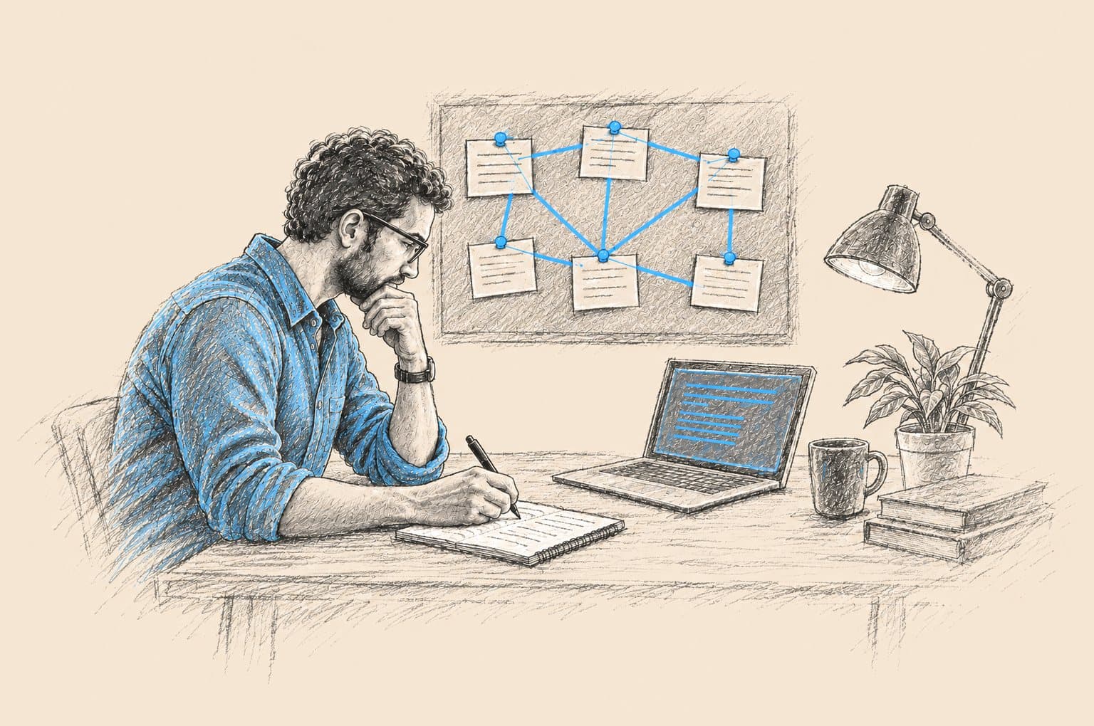 Pencil illustration: a colleague writing at a desk beneath a corkboard of linked index cards