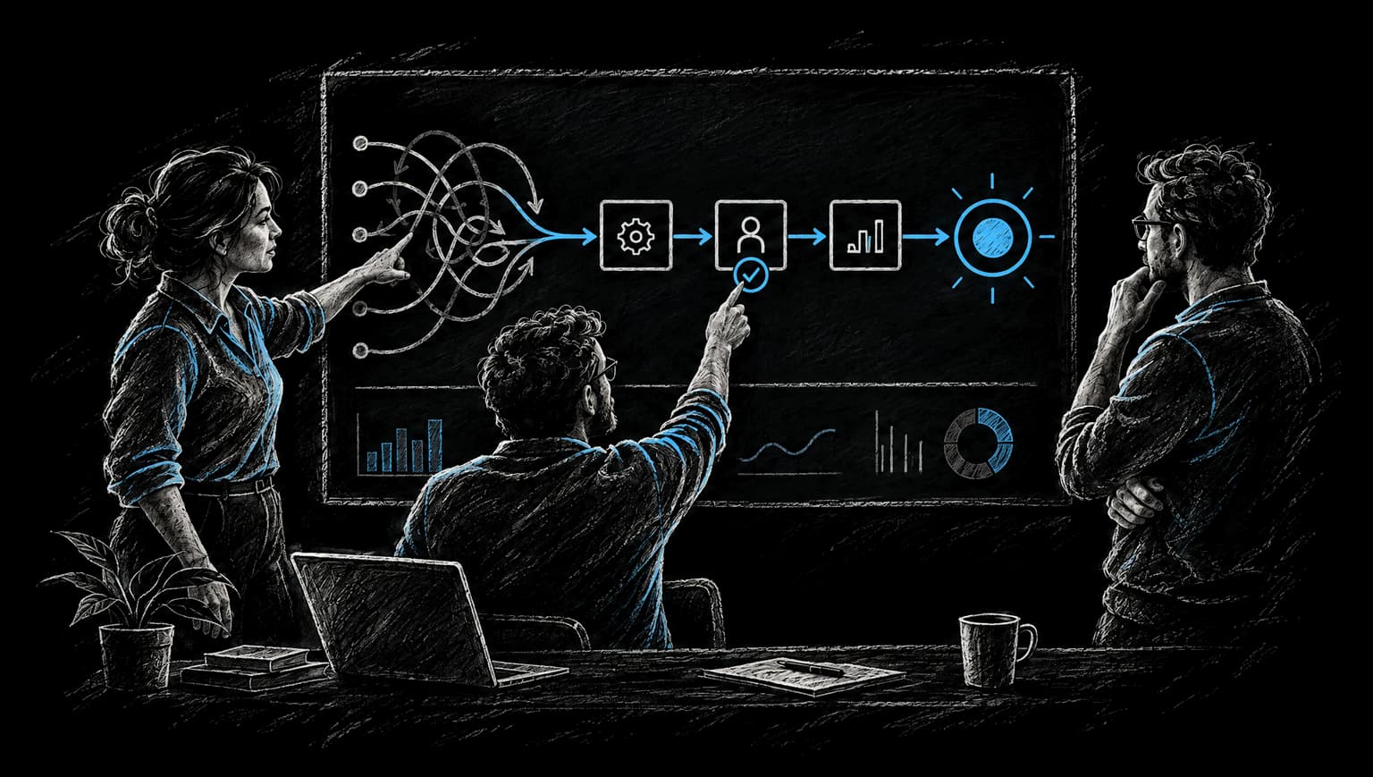 Ilustración en tiza de colegas mapeando juntos un flujo de trabajo de negocio
