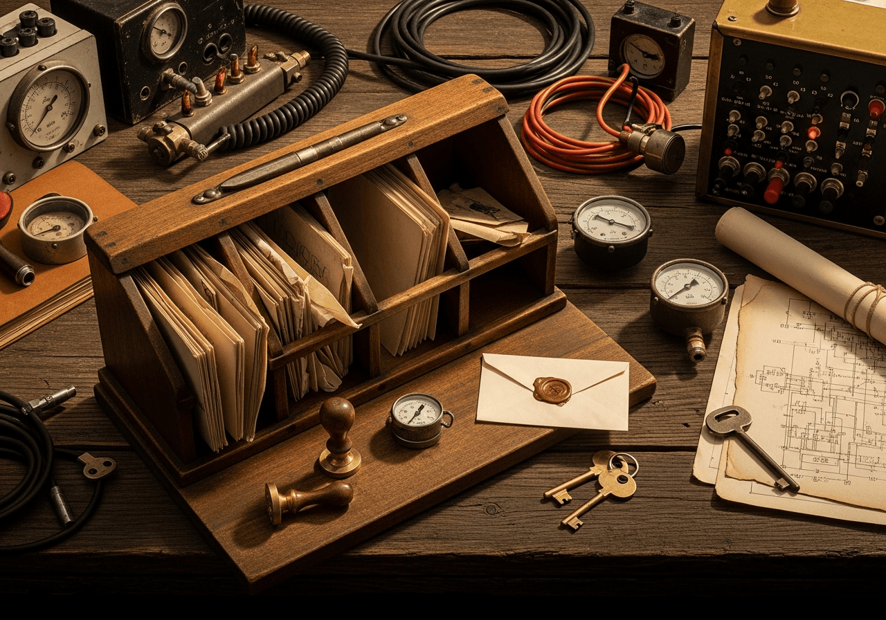 	A wooden card-file organizer holding sorted documents, with a sealed envelope, brass keys, pressure gauges and a stamp arranged on a desk — representing sorting customer requests into automate, augment, or leave alone.