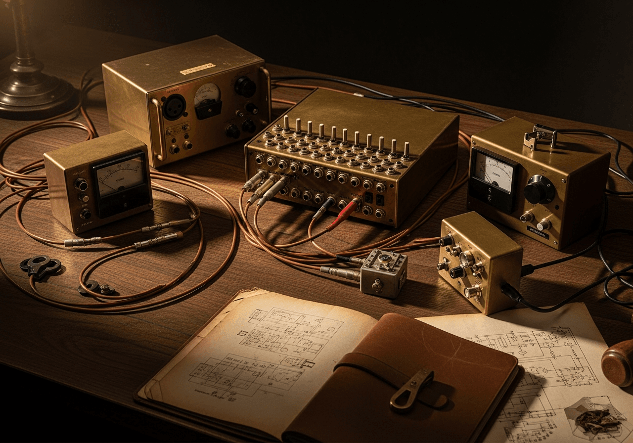 	A workbench of interconnected vintage brass electronic instruments and a patch panel joined by red and black wires, with an open notebook of handwritten equations — contrasting retrofitted versus purpose-built systems.