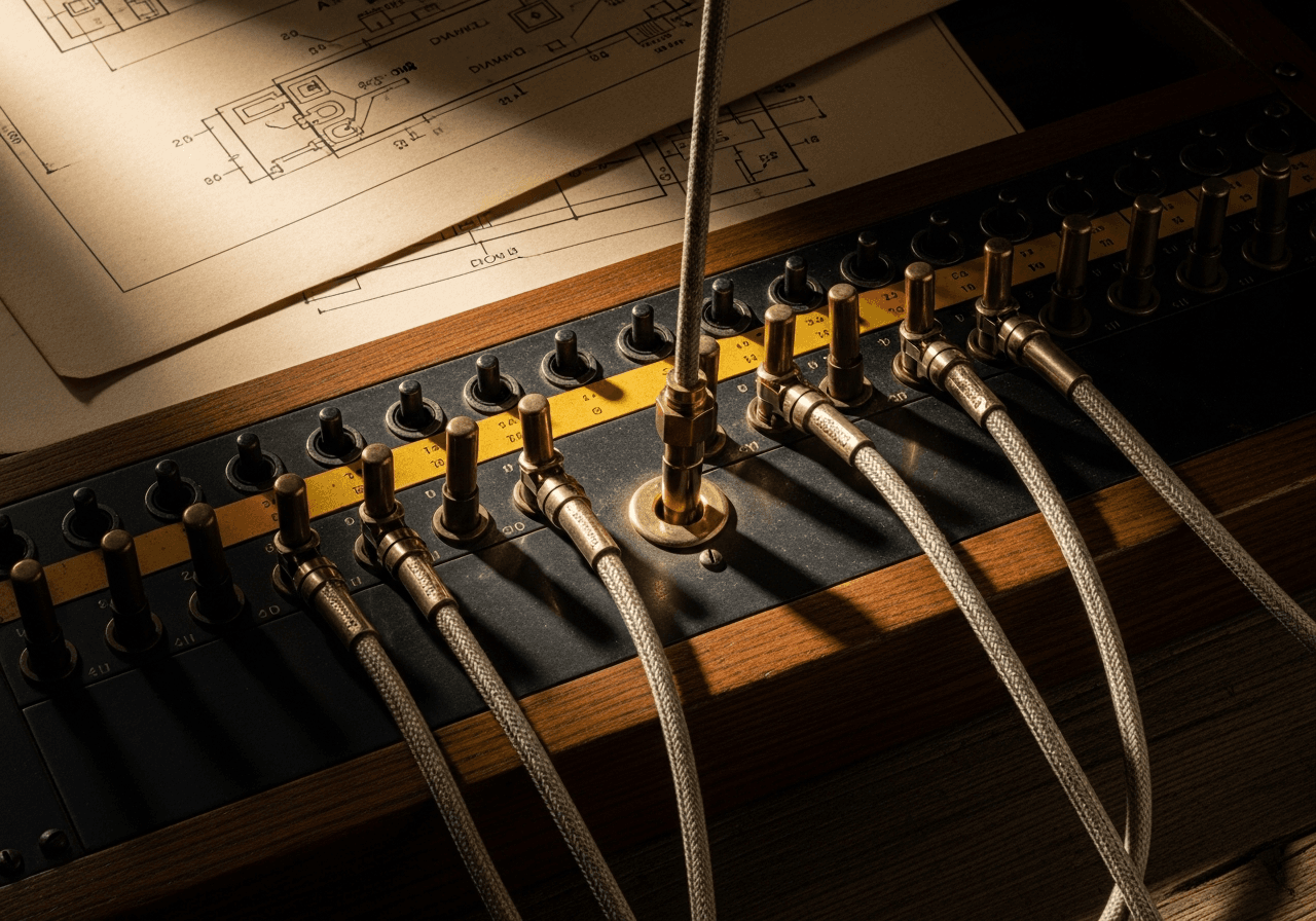 	A brass and wood terminal switchboard with rows of connectors linked by braided cables to a central brass hub, laid over technical schematics — representing coordination as the real source of value.