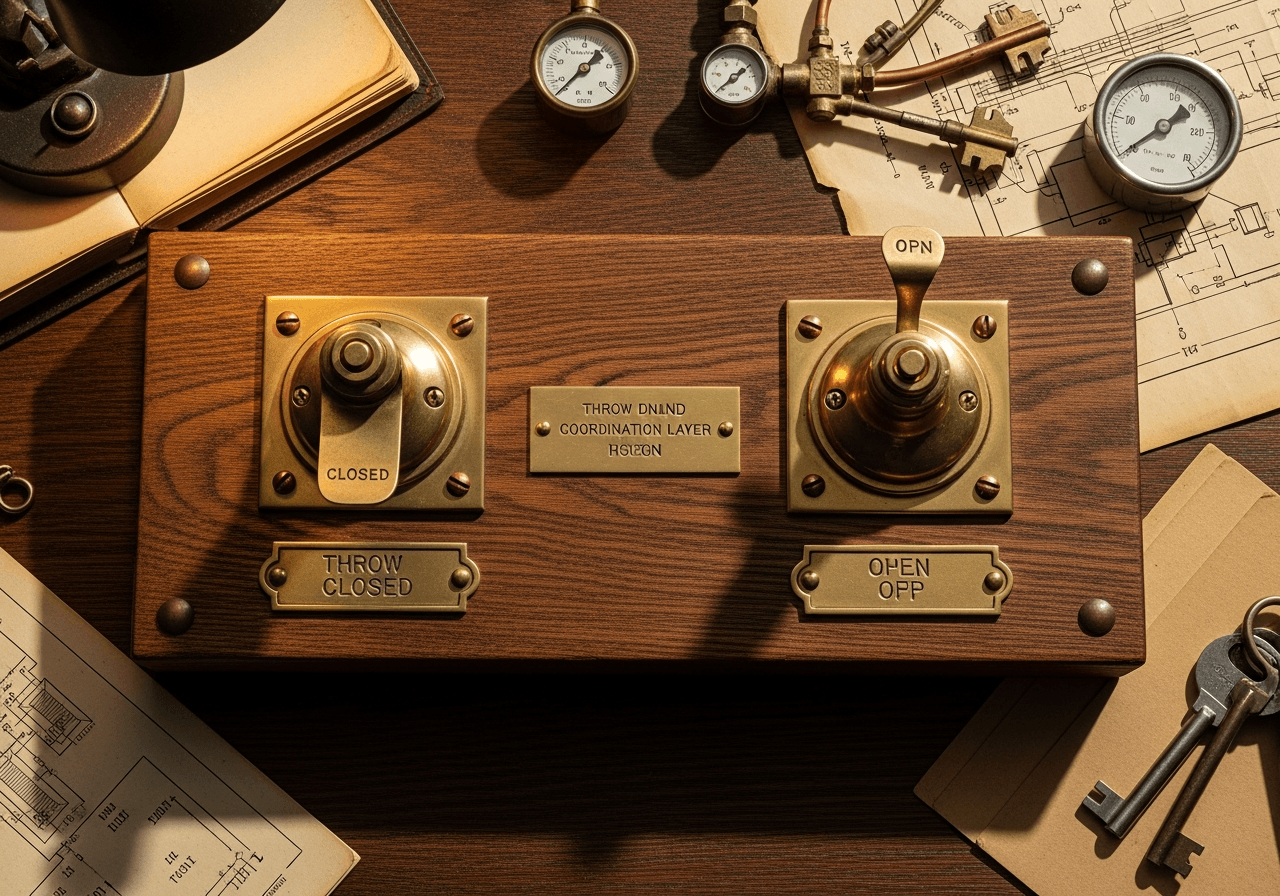 A wooden control box with two large brass signal bells on engraved label plates, surrounded by pressure gauges, keys and blueprints — representing a diagnostic choice between two paths.