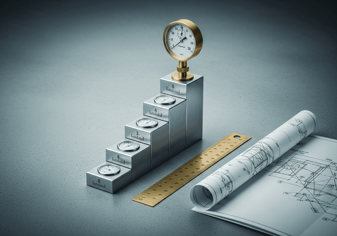 Ascending steps of metal blocks set with measurement dials, topped by a brass pressure gauge, beside a wooden ruler and rolled blueprints on a grey surface — evoking measured progress reviewed at the three-month mark.