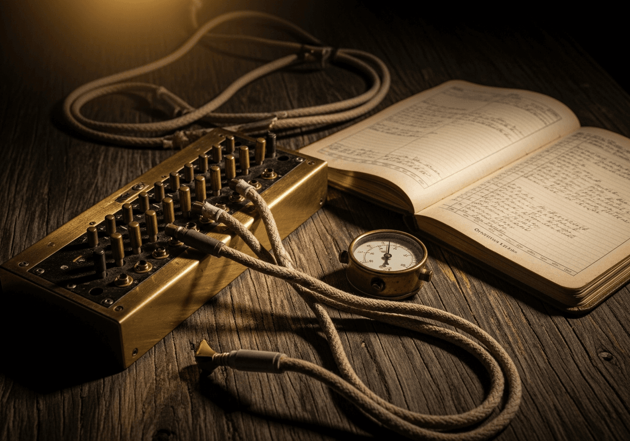 A brass mechanical computing device wired with cords beside a compass and an open ledger book on a dark wooden desk in warm light — evoking an outdated operating system the business still runs on.