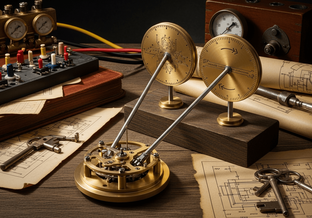 A central brass master mechanism with two drive shafts branching to two upright dial faces — one carrying a circuit-trace motif, the other a process-and-arrows motif — evoking one operating system running both the software and the business.