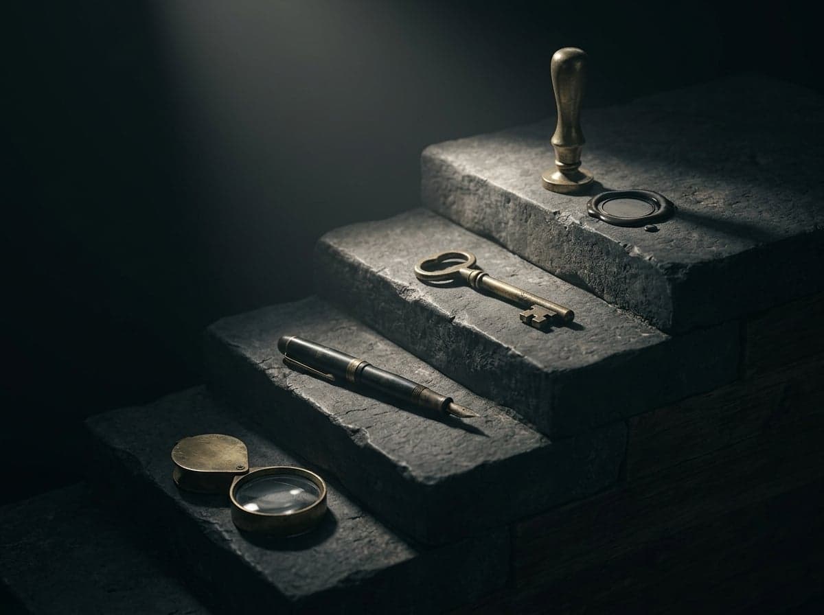Four worn stone steps rising out of shadow, each holding one patinated brass instrument: a reading loupe on the lowest step, then a fountain pen, then an old key, and a signet seal beside its wax impression on the top step, where the light falls hardest.