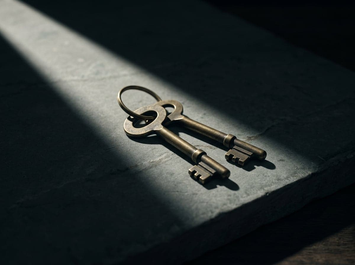 Two old brass keys on a ring resting on a slate ledge in a narrow beam of light, the quiet authority to open things without asking.