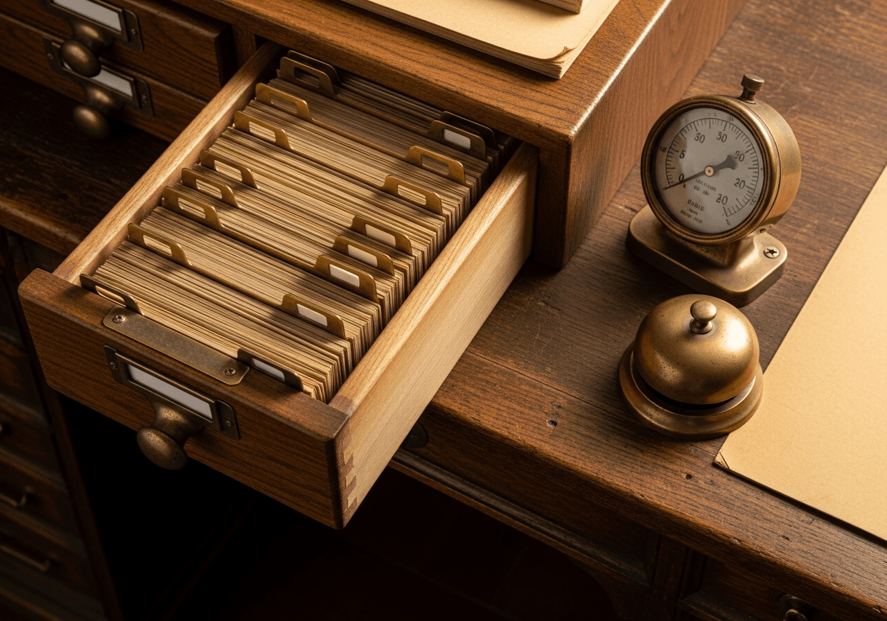 	An open brass-fitted card-catalog drawer of neatly filed records on a weathered oak bench in warm light — evoking scattered, disconnected tools finally resolved into one connected record.