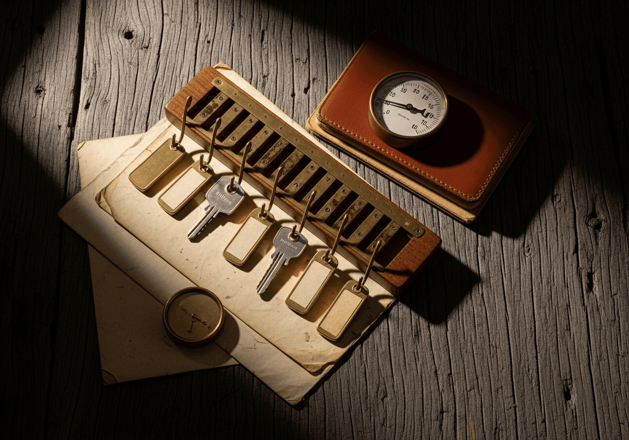 	A brass key-and-tag rack with labeled tags mounted on dark oak in warm key light — evoking routes and jobs coordinated in one shared place rather than held in a single dispatcher's head.