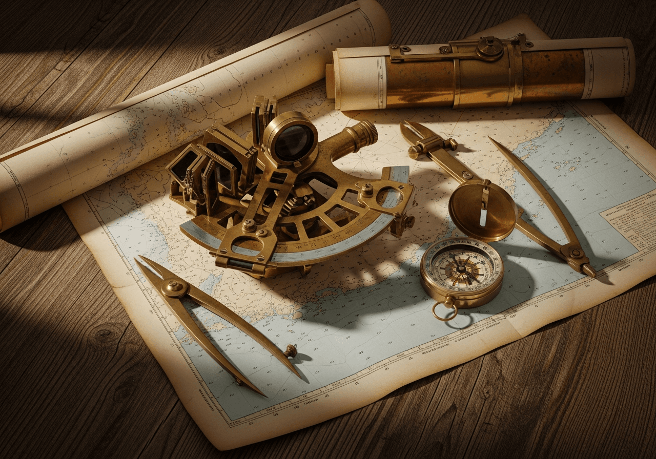 	A brass navigational compass and dividers resting on an aged chart in warm key light — evoking setting a deliberate course for the next three years.