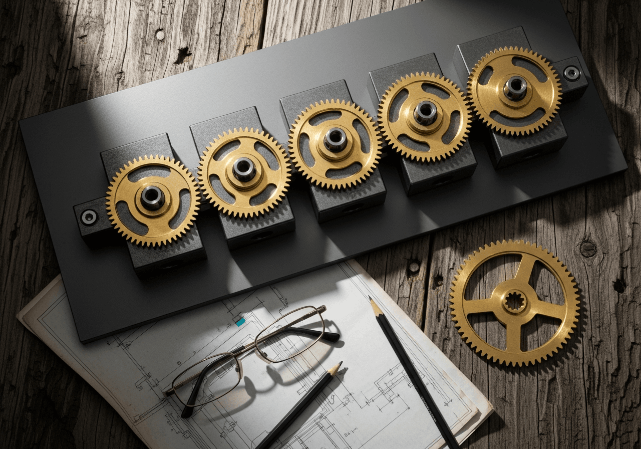 	A brass gear train meshed into one continuous mechanism on machined steel blocks, with a single matching gear resting apart on aged oak — one system connected, one part still an island.