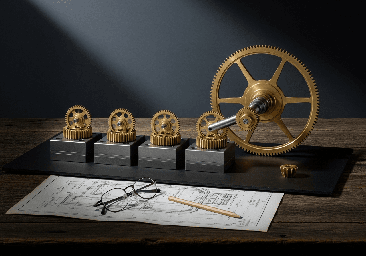 A single large, ornate brass gear driving a neat row of four small identical gears on graphite steel blocks — the costly first build carrying the cheap modules that come after it.
