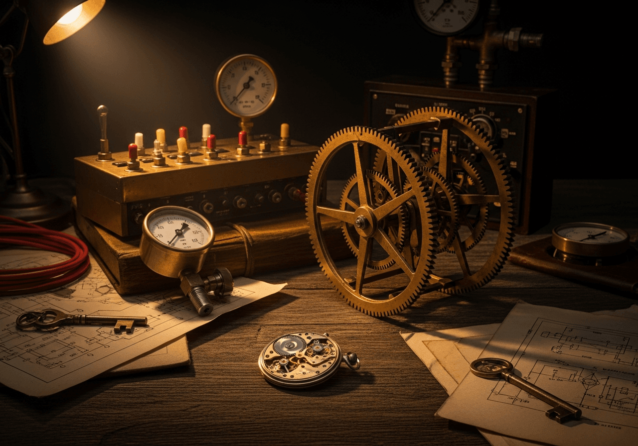 A finely machined open brass pocket-watch movement in the foreground against a looming, oversized cast-brass tower-clock gear train behind it — small and fast in reach versus large and slow, evoking the owner-operator's structural speed advantage.