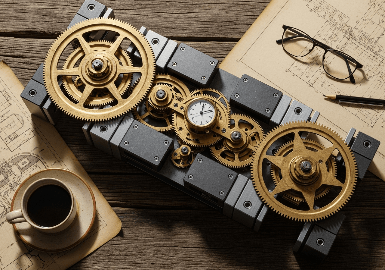 	An interlocking brass gear train meshed into one continuous mechanism with a small clock face at its center, mounted on machined steel blocks over aged blueprints — time itself running as one engineered part of the system.