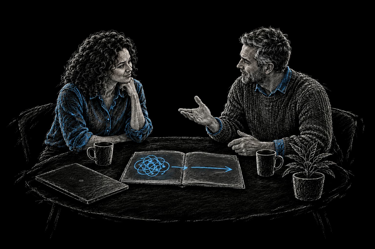 Chalk illustration: a consultant listening as a client explains, a tangled scribble in the notebook between them becoming one straight arrow