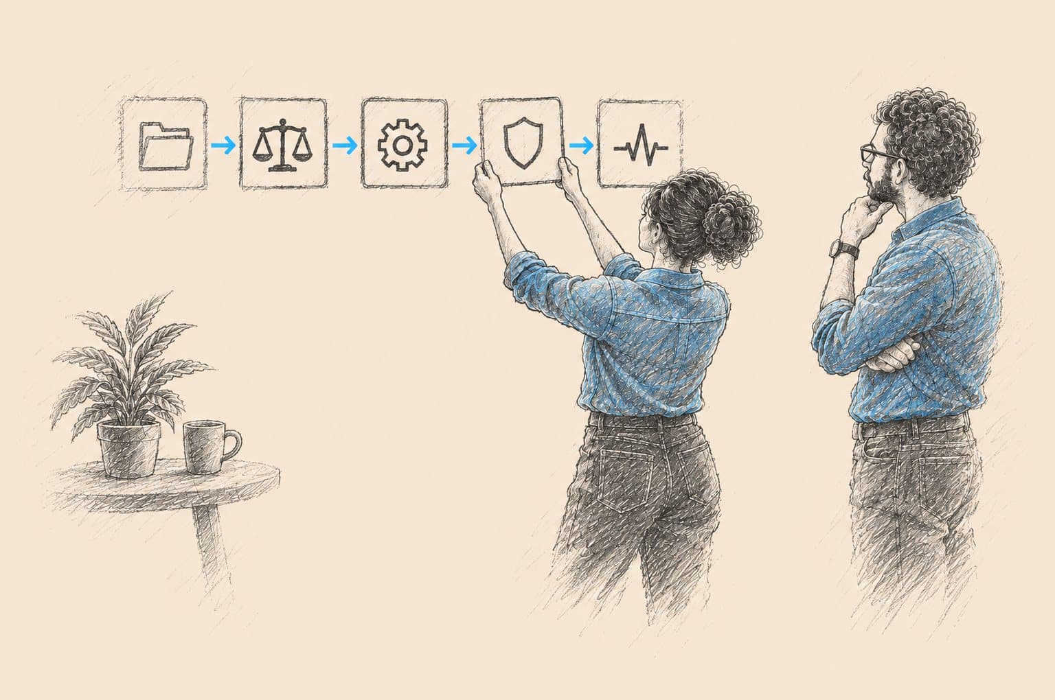 Pencil illustration: two colleagues laying out the steps of a plan as a row of cards on a wall