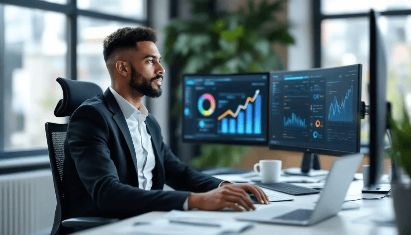 In a modern office setting, a professional project manager is intently reviewing AI-generated insights and analytics displayed across multiple computer monitors, utilizing project management tools to enhance strategic planning and analyze data effectively. The scene highlights the integration of new technologies in business operations, showcasing the manager's focus on optimizing productivity and automating tasks for better workflow management.