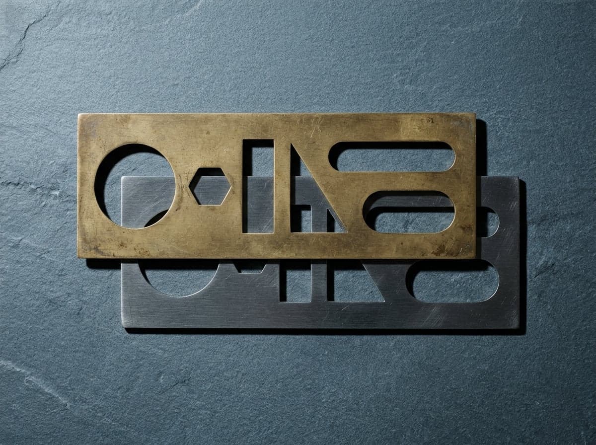 Two flat drafting stencil plates on graphite slate, a brass one laid over a steel one, each cut with the same six apertures and overlapped at a corner so the openings line up through both — the same shape arrived at twice, with one aperture that doesn't quite match.