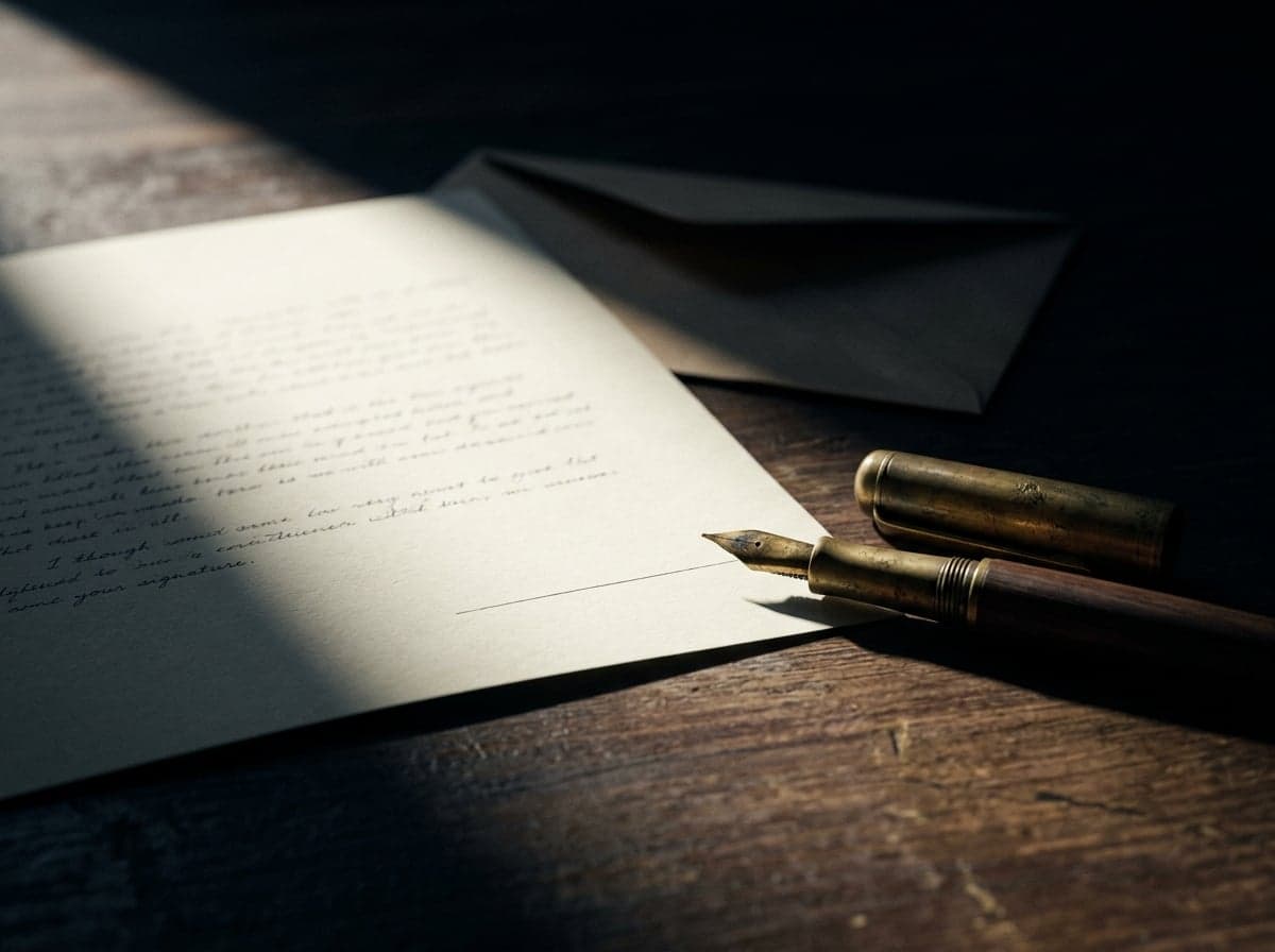 A handwritten letter on dark wood beside an open envelope and a brass fountain pen, half in a slant of light: the words are there, but whose voice are they in?