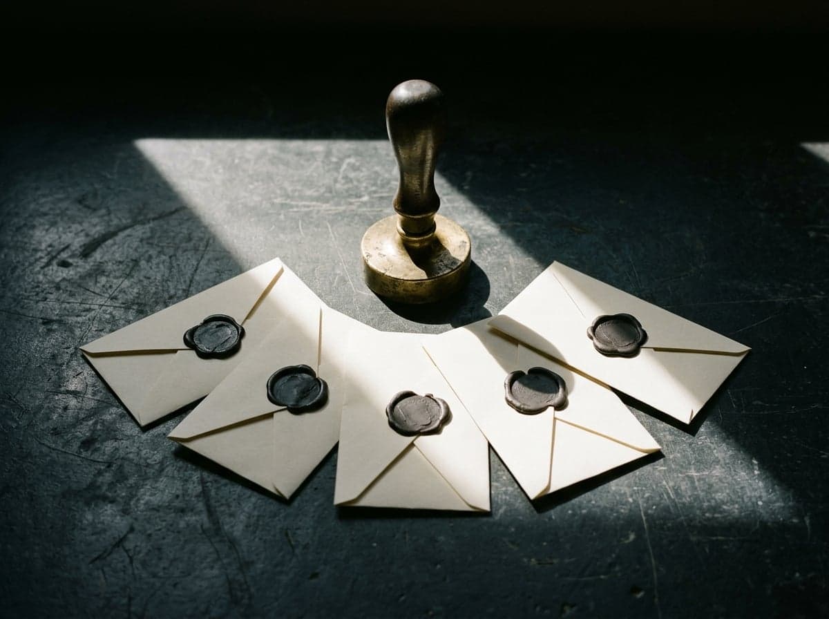 Five cream envelopes sealed in dark wax fanned out beneath a brass seal stamp, each decision already stamped and sent.