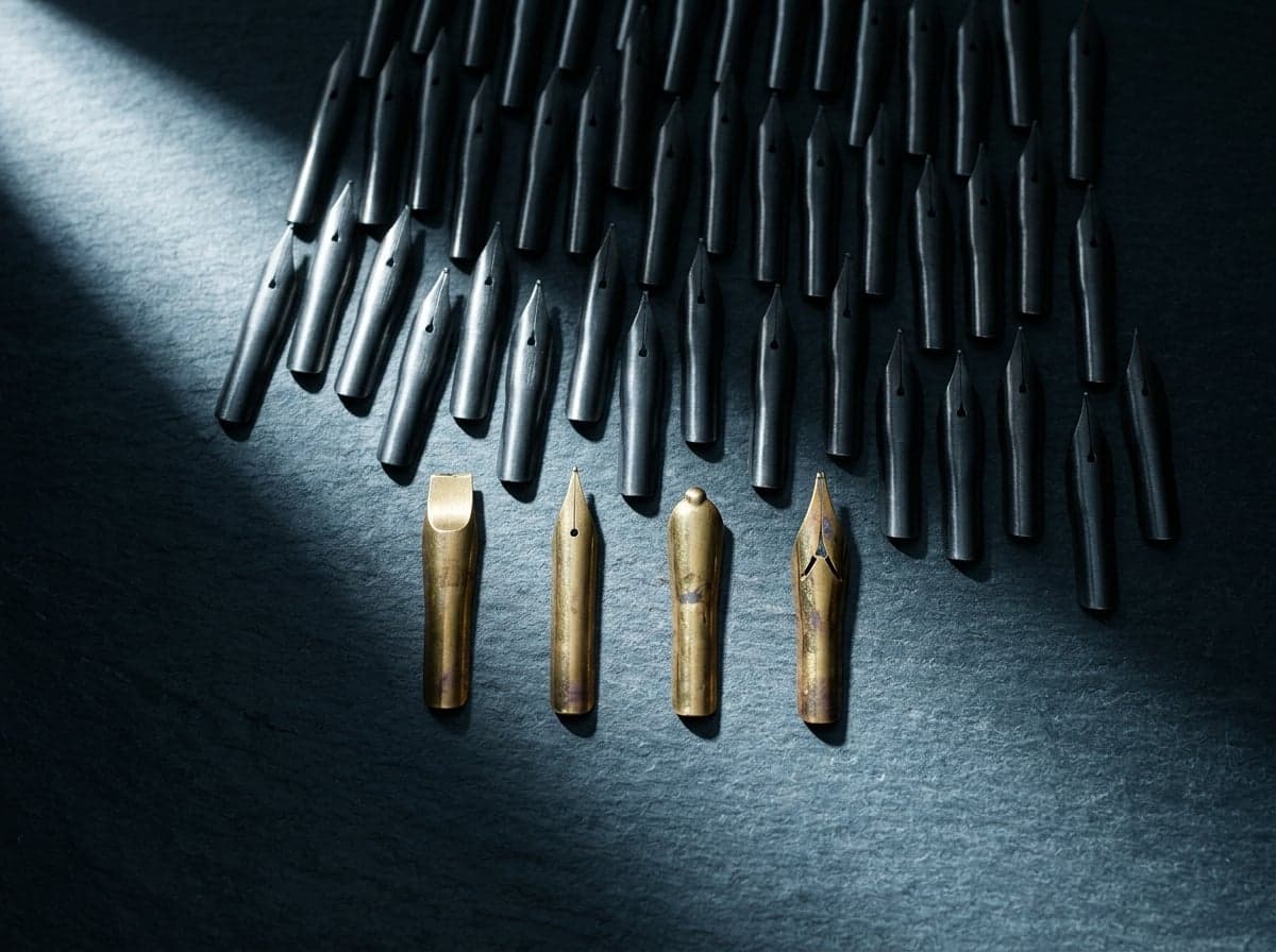 A drift of identical dark steel pen nibs falling away into shadow on cool graphite slate, with four patinated brass nibs — a broad stub, a fine point, a ball and a flex — standing together in a band of hard raking light: not a ranking, a bench.